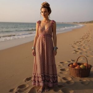 Spell Sunset Road Maxi Frill Dress – Peach/Cream, Button-Through, Western Boho